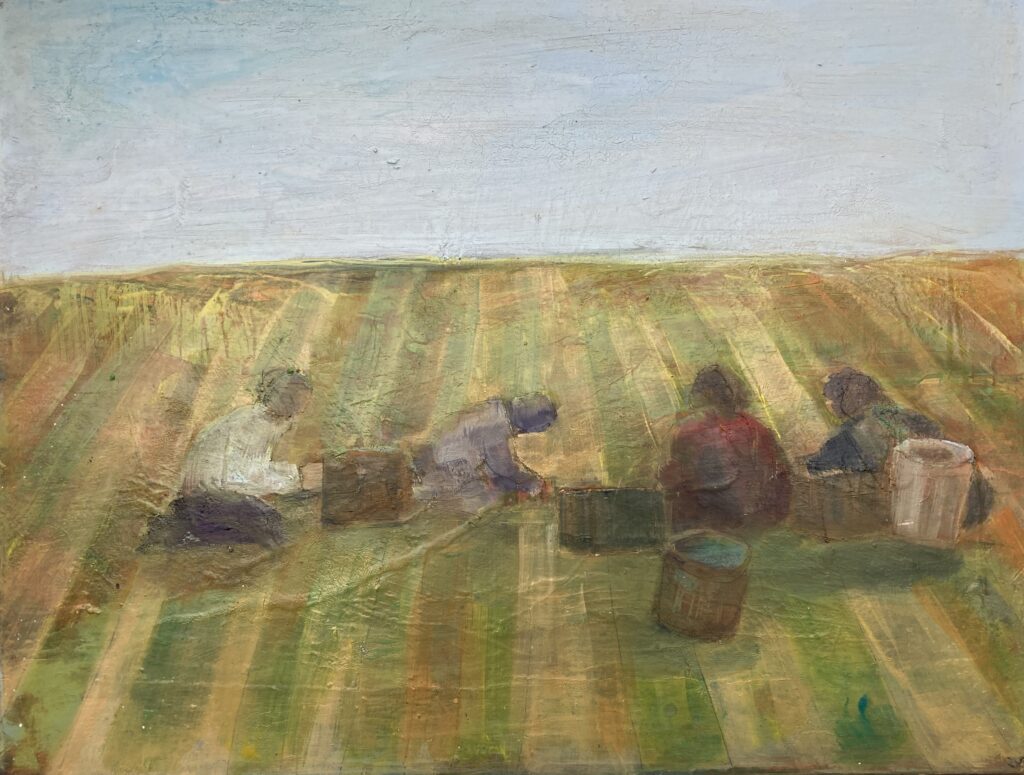 Photo of British artist Hilary Barry's painting of a group of immigrant workers "The Last Reminder" (oil on canvas, 40 x 30 cm)