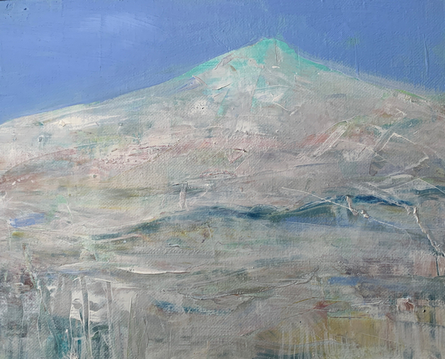 Brirish artist Hilary Barry's oil on canvas landscape painting "The Sweet Walk", showing a large, rugged mountain rising out of the lower vegetation before peaking against a bright blue, cloudless sky.