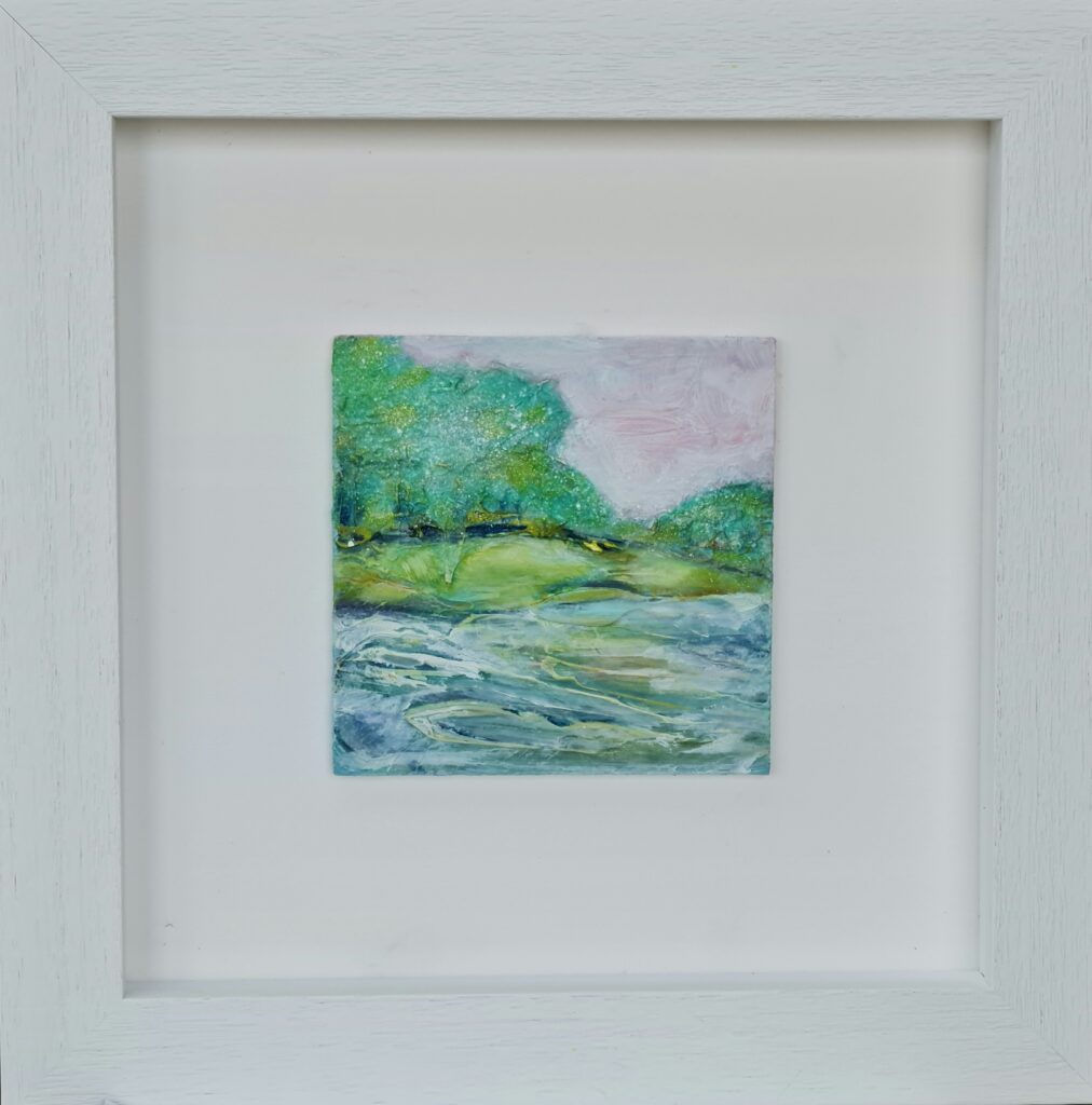 Photo of British artist Hilary Barry's framed landscape painting "There and Here" (oil on board, 37 x 37 cm)