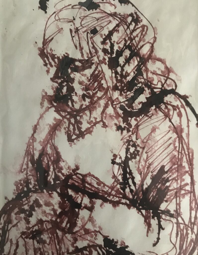 Photograph of British artist Hilary Barry's drawing, titled "Thought" in ink on paper. Size A3.