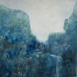 Photo of British artist Hilary Barry's landscape painting "Through Rocks" (oil on canvas, 100 x 100 cm)