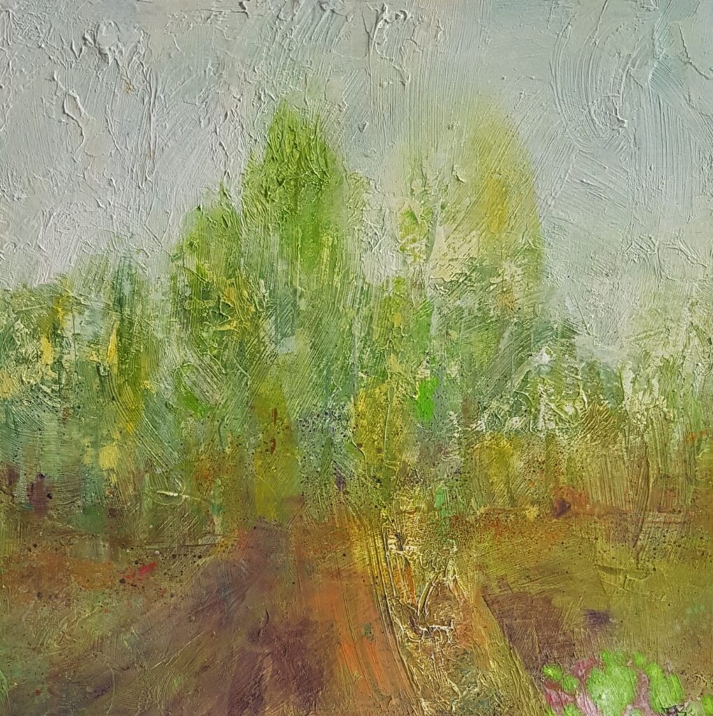Photo of British artist Hilary Barry's landscape painting of trees: "Turning Around" (oil on board, 30 x 30 cm)
