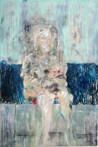 Photo of British artist Hilary Barry's figurative painting "Underground" (oil on canvas, 120 x 183 cm)