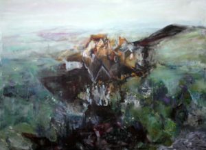 Photograph of British artist Hilary Barry's painting in oil on canvas, titled "Unforgettable". Size 168 x 142 cm.