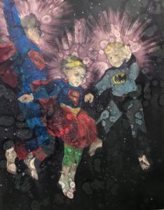 Photograph of British artist Hilary Barry's painting in oil on canvas, titled "We Failed Them, My Friends – We Failed Them". Size 122 x 183 cm. Part of a series of 4 "Superhero" portraits.