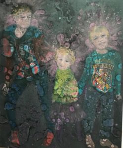 Photograph of British artist Hilary Barry's painting in oil on canvas, titled "We're Gonna Change the World". Size 122 x 183 cm. Part of the "Superhero" series of 4 paintings.
