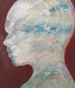 Photo of British artist Hilary Barry's figurative painting "Who?" (oil on canvas, 30 x 40 cm)