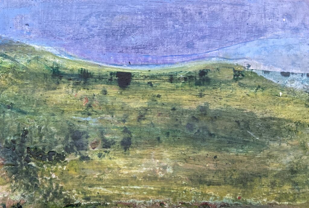 Photo of British artist Hilary Barry's landscape painting "Wild" (oil on canvas, 15 x 10 cm)