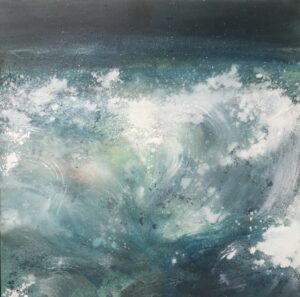 Photograph of British artist Hilary Barry's painting in oil on canvas, titled "Wild Wind on Water". Size 60 x 60 cm. Part of the "Hidden Nature" series.