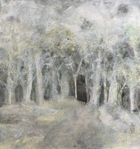 Photo of British artist Hilary Barry's landscape painting of trees and a wood: "Without Warning" (oil on canvas, 40 x 40 cm)