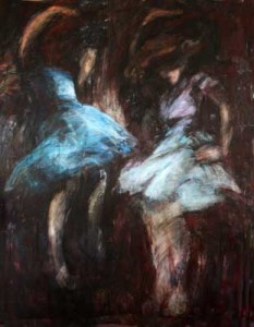 Photograph of British artist Hilary Barry's painting in oil on canvas, titled "Dancing in the Dark". Size 144 x 182 cm.