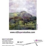 Promotional flyer for the 2012 "Open Studios" at the Chocolate Factory in North London, featuring a landscape by British artist Hilary Barry.