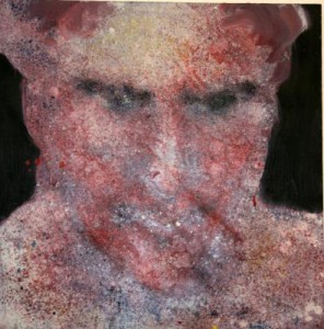 Photograph of British artist Hilary Barry's painting in oil on canvas, titled "Face Off". Size 46 x 46 cm.