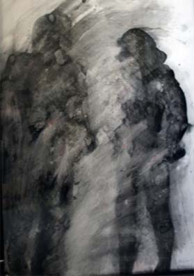Photograph of British artist Hilary Barry's drawing in ink on paper,, titled "Shadows". Size A3.