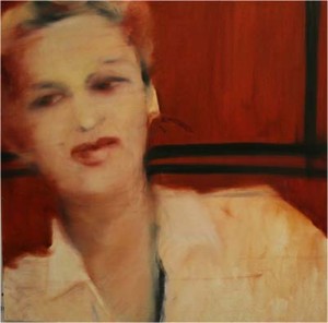 Photograph of British artist Hilary Barry's figurative painting in oil on canvas, titled "Tracing the Path". Size 76 x 76 cm.