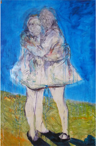 Photograph of British artist Hilary Barry's figurative painting in oil on canvas, titled "Last Days". Size 122 x 183 cm.