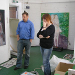 Photograph of British artist Hilary Barry setting up her solo exhibition at the Pitt Gallery in Worcester in April 2007.